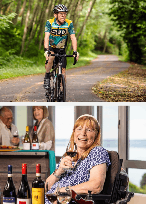 Ed riding his bike on a wooded trail and Chris smiling with a glass of wine