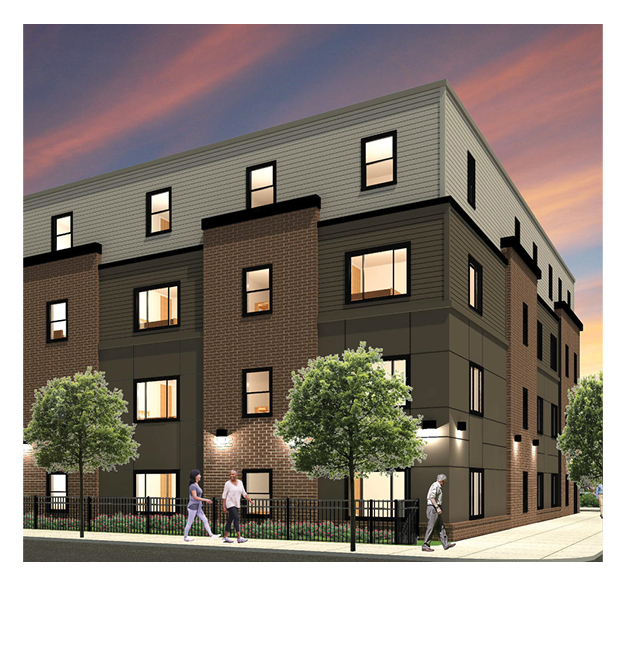 Mockup of a multi-level building with pedestrians on the sidewalk.