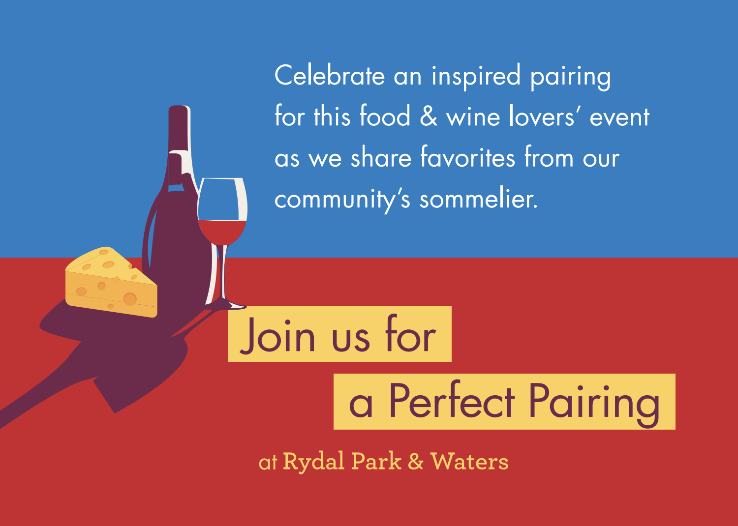Graphic advertisement for a food and wine event featuring a wine bottle, glass, and cheese on a colorful background.