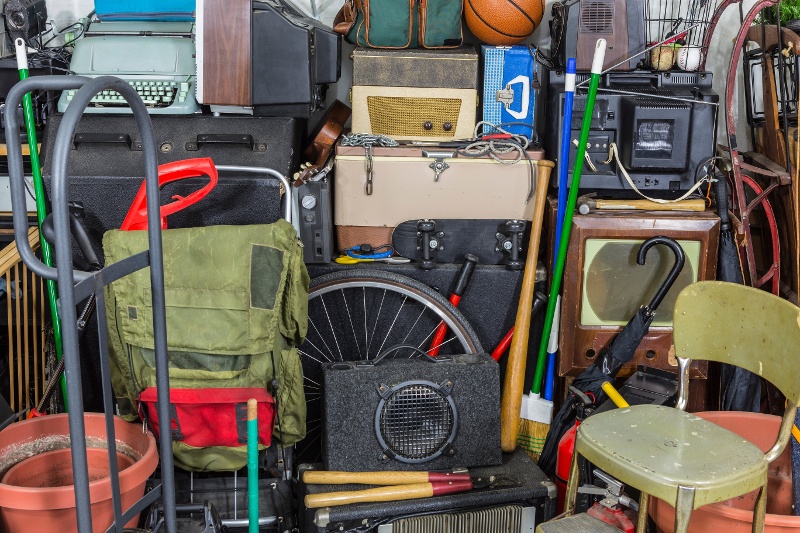 A wall of belongings in storage. 