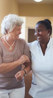 Woman and nurse walking arm in arm