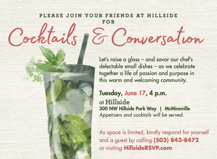 Invitation for "Cocktails and Conversation" event with a watercolor cocktail illustration and event details. Invitation for "Cocktails and Conversation" event with a watercolor cocktail illustration and event details.